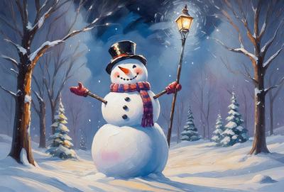 The primary subject of the image is a snowman, which is standing in the snow and holding a light. The setting is a snowy environment, and the visual style is an illustration or drawing. The colors and mood of the image are predominantly white and cold, as it is a winter scene with snow and a snowman.